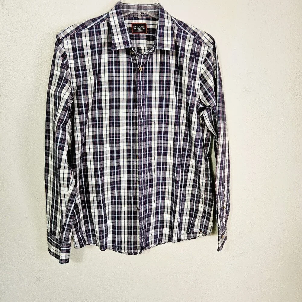 UNTUCKit Men's Slim Fit Blue Plaid Casual Preppy Long Sleeve Shirt Size Large